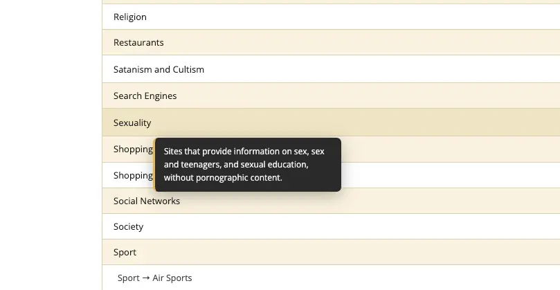 Capture d'écran de la liste des filtres de contenu de Radiant Mobile, avec la catégorie «Sexuality» mise en évidence et sa description.