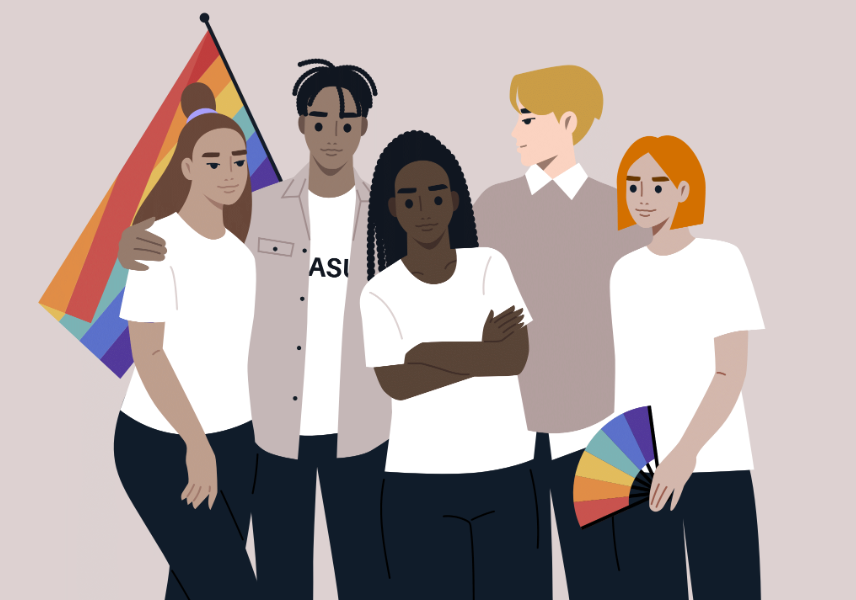 Cinq personnes se tiennent côte à côte; elles appartiennent à différentes ethnies et ont différents genres. Derrière elles flotte un drapeau arc-en-ciel, et l'une d'elles tient un éventail arc-en-ciel.
