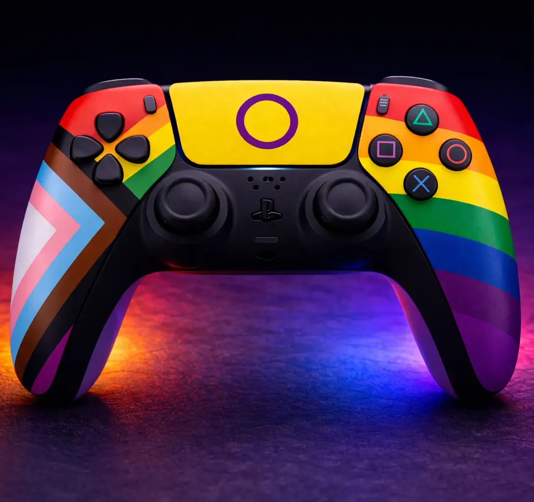 Une manette de jeu avec un drapeau arc-en-ciel imprimé