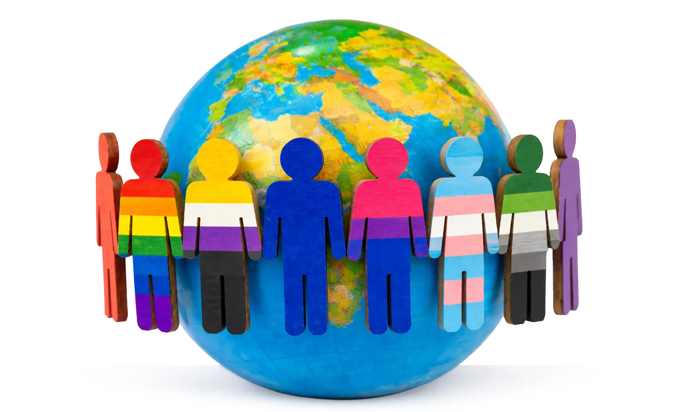 Une illustration du monde, autour duquel gravitent des personnes, chacune portant un drapeau LGBTQ+ différent.