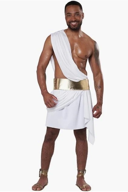 Mann in weisser Toga mit goldenem Gürtel und Sandalen