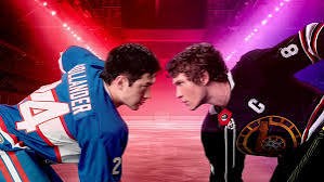 Shane Hollander und Ilya Rozanov in ihren Hockey-Trikots, Stirn an Stirn
